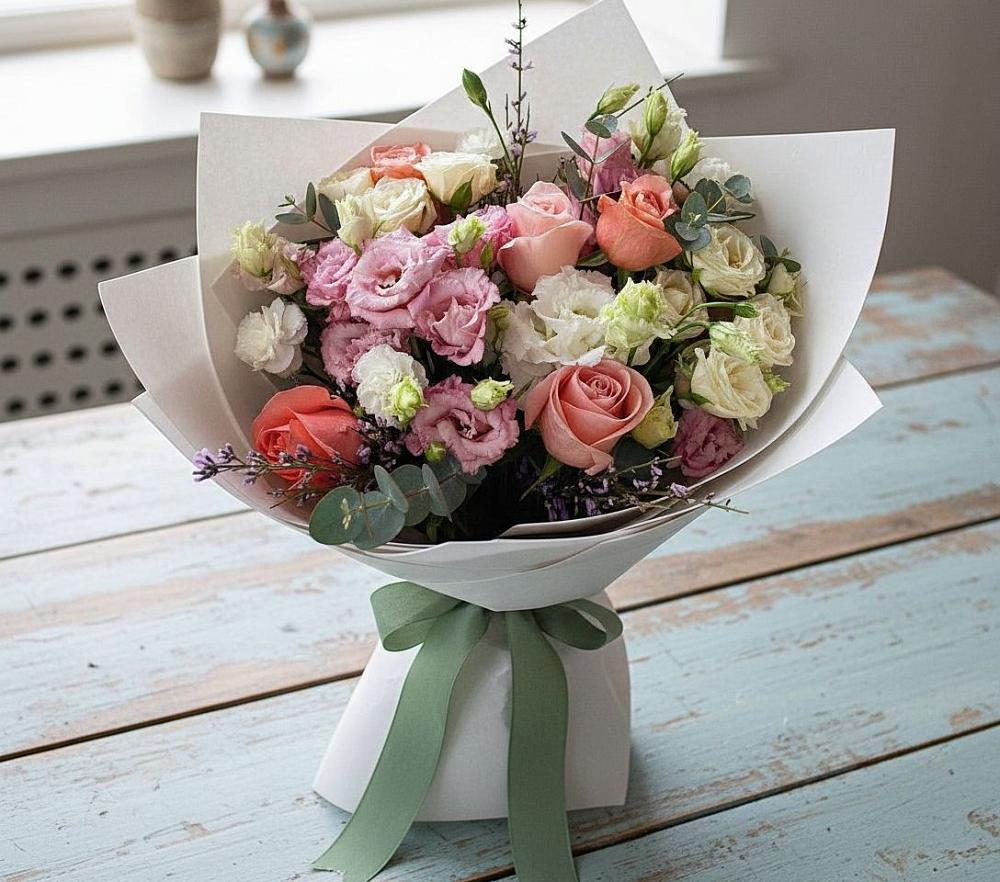 Букет цветов из: Розы, Лизиантусы и Гвоздики в Волгореченске