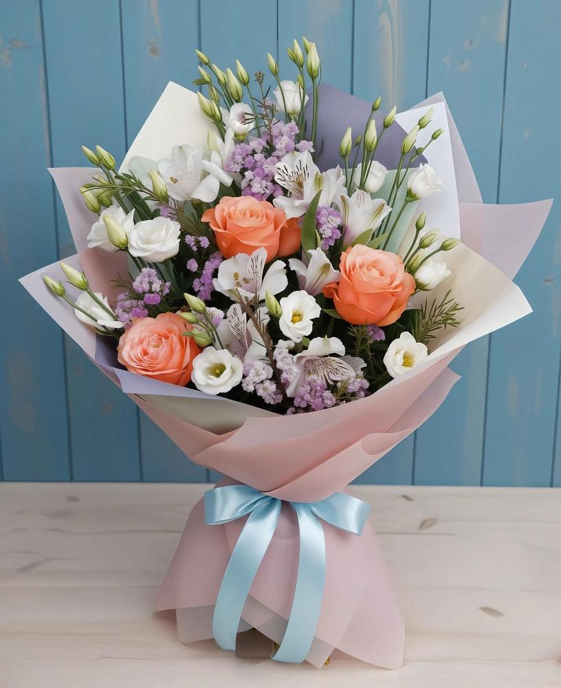 Букет цветов из: Лизиантусы, Розы, Альстромерии и Гипсофила в Волгореченске