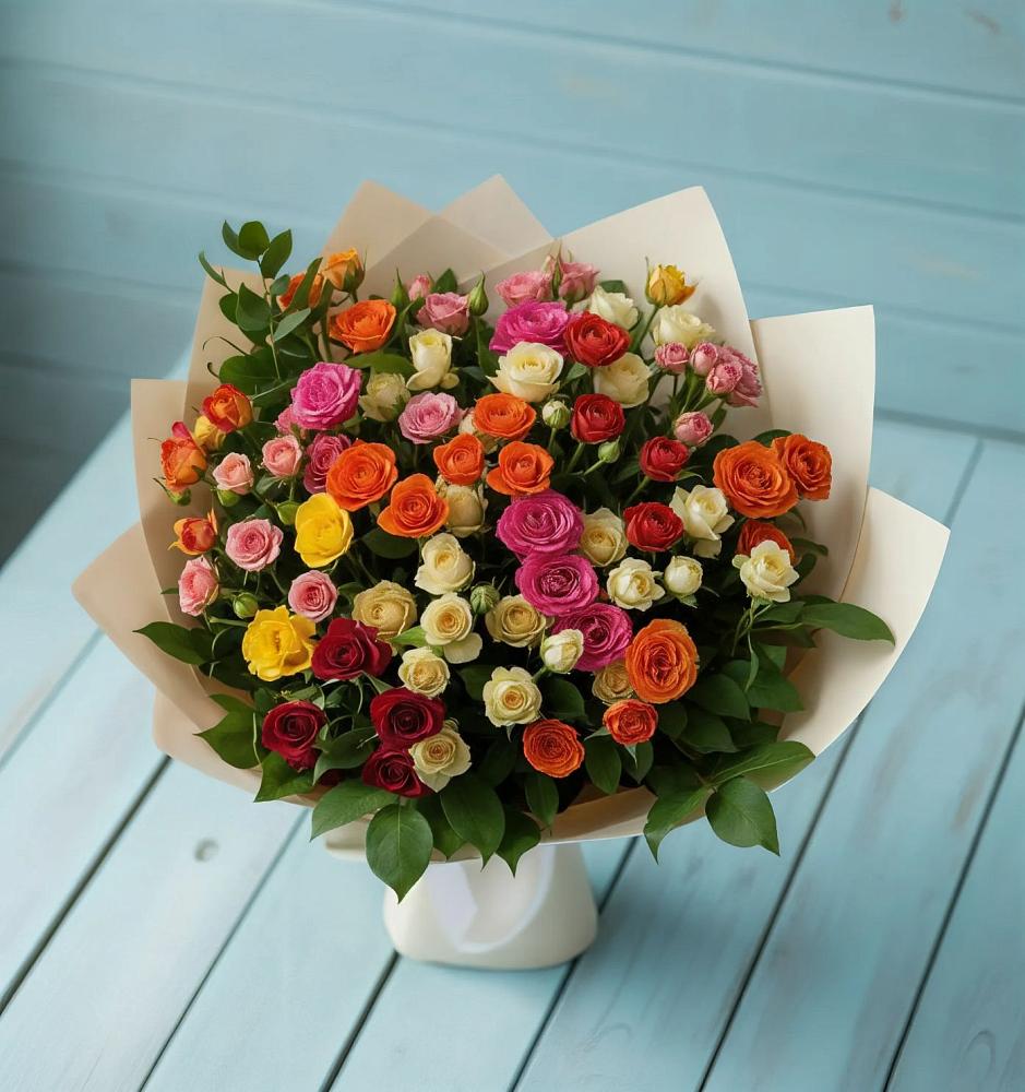 Букет Микс из разноцветных кустовых роз в Волгореченске