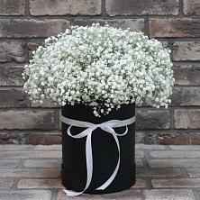 Цветочная композиция из Гипсофила в шляпной коробке в Волгореченске