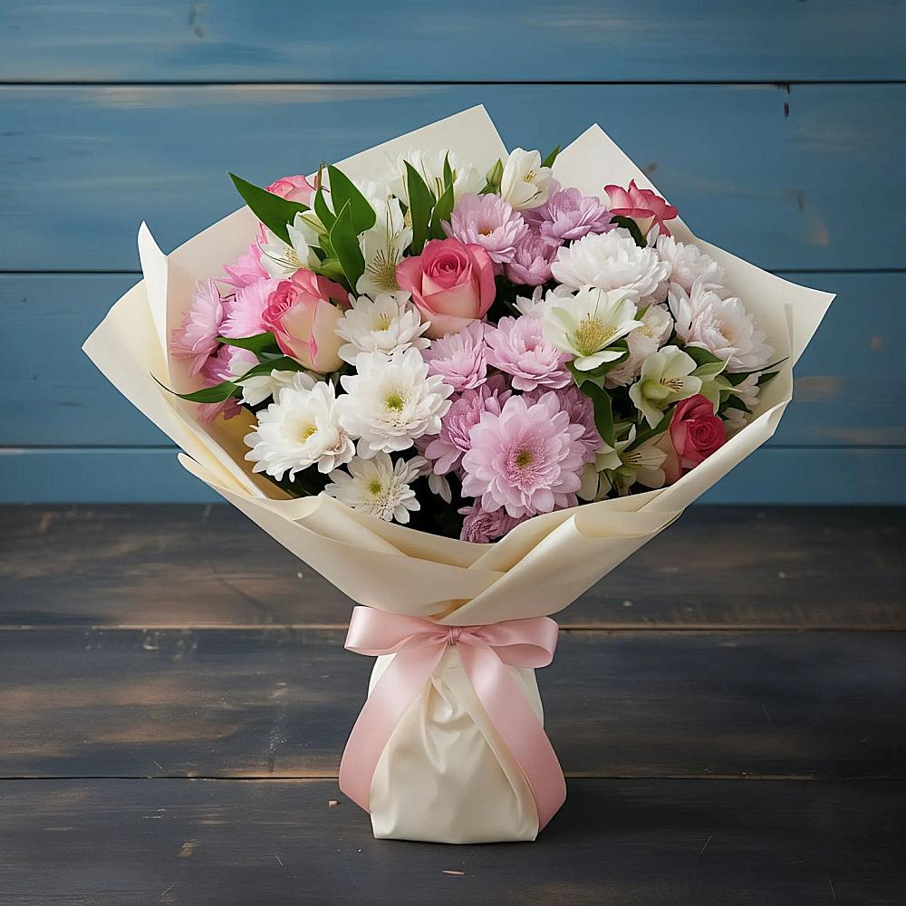 Букет цветов из: Хризантемы, Альстромерии и Розы в Волгореченске